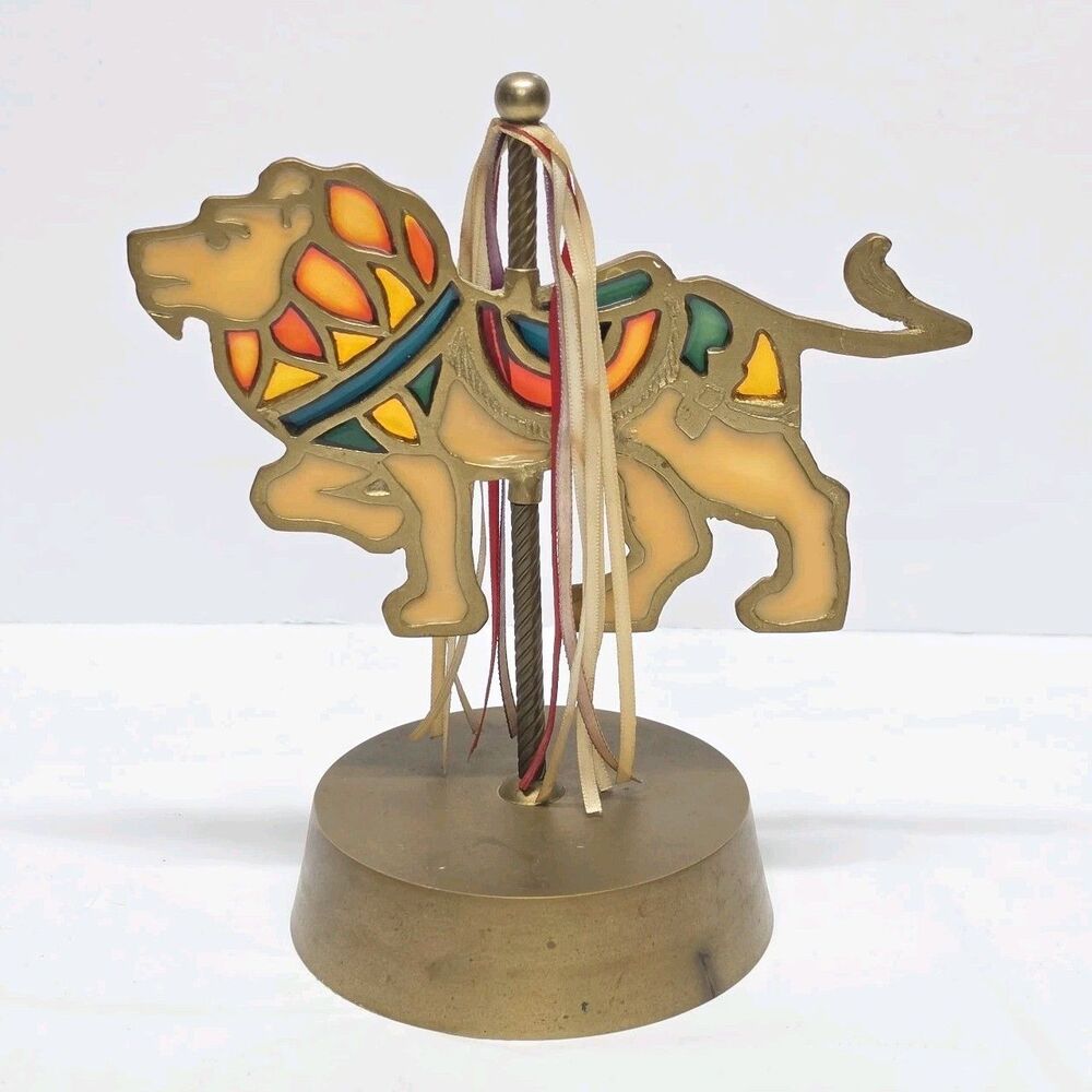 Vintage Enesco Stained Glass Brass Lion Elsa Carousel Music Box Plays Born Free